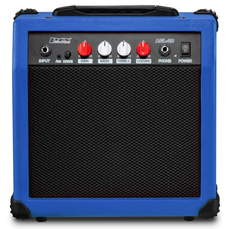 LyxPro Electric Guitar Amp 20 Watt Amplifier Built in Speaker Headphone Jack and Aux Input Includes Gain Bass Treble Volume and Grind - Blue - Image 1